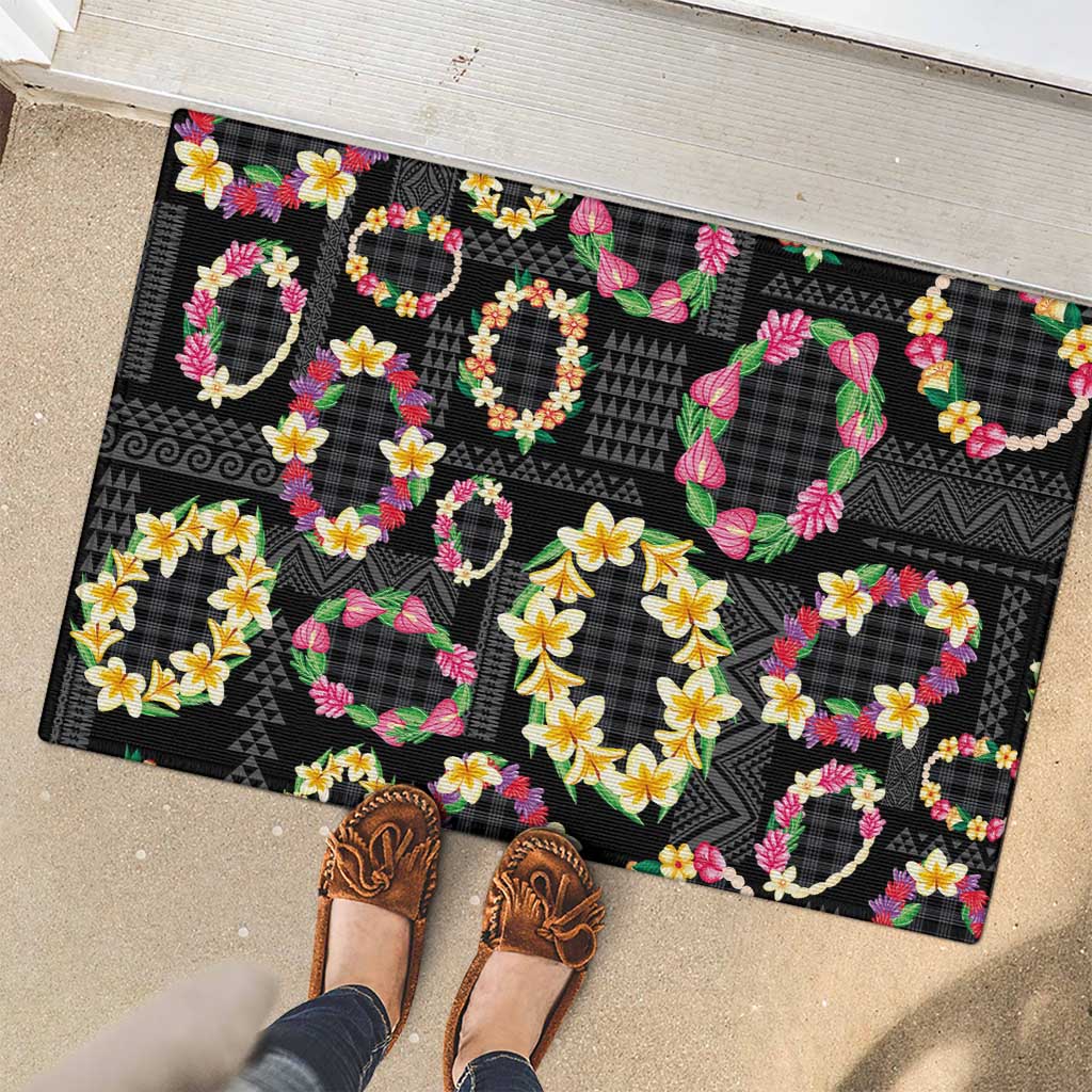 Hawaiian Kakau Tattoo Leis and Palaka Pattern Rubber Doormat Traditional Aloha Tribal Black Color