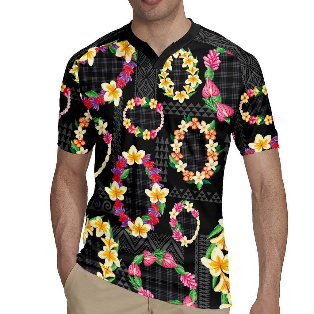 Hawaiian Kakau Tattoo Leis and Palaka Pattern Rugby Jersey Traditional Aloha Tribal Black Color