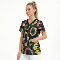 Hawaiian Kakau Tattoo Leis and Palaka Pattern Scrub Top Traditional Aloha Tribal Black Color