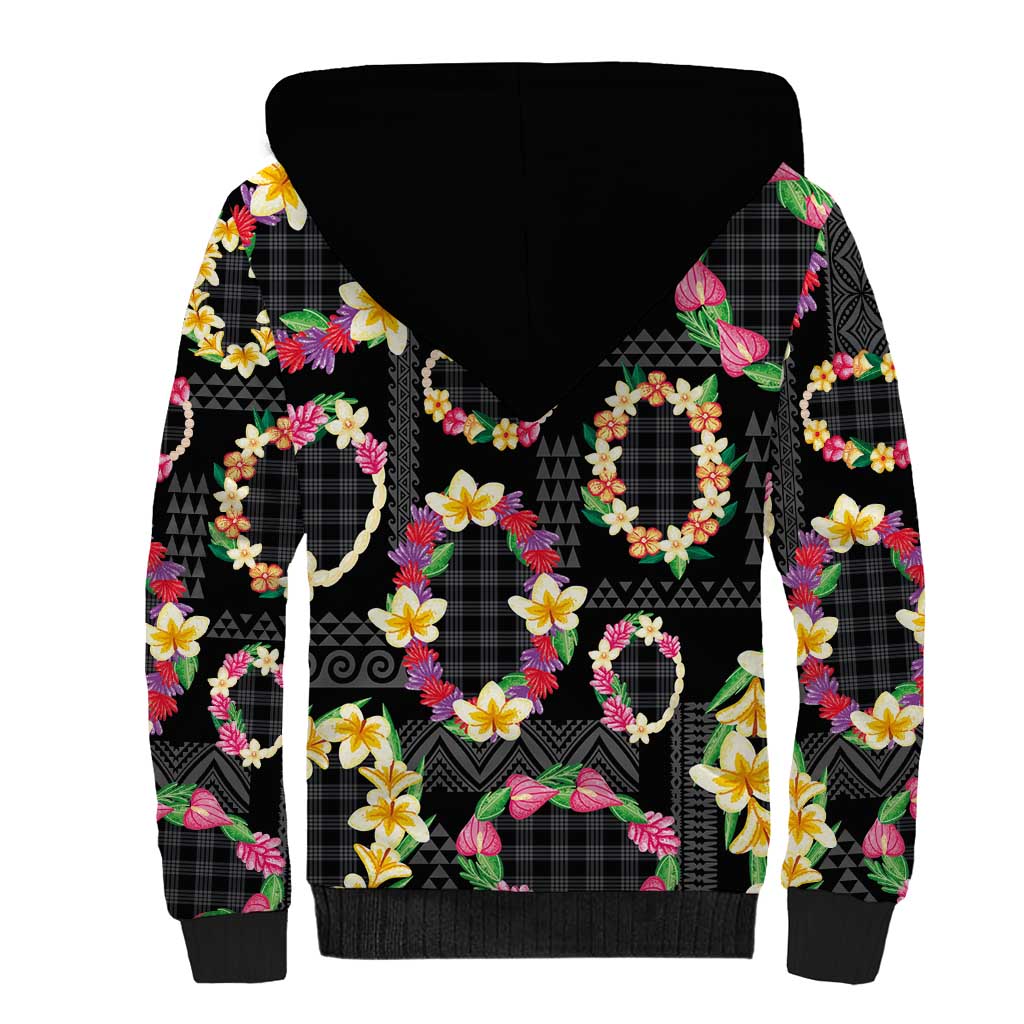 Hawaiian Kakau Tattoo Leis and Palaka Pattern Sherpa Hoodie Traditional Aloha Tribal Black Color LT03 - Polynesian Pride