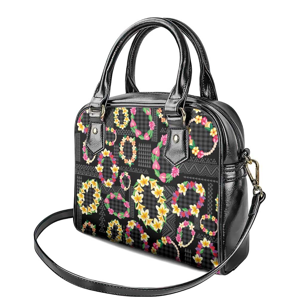 Hawaiian Kakau Tattoo Leis and Palaka Pattern Shoulder Handbag Traditional Aloha Tribal Black Color
