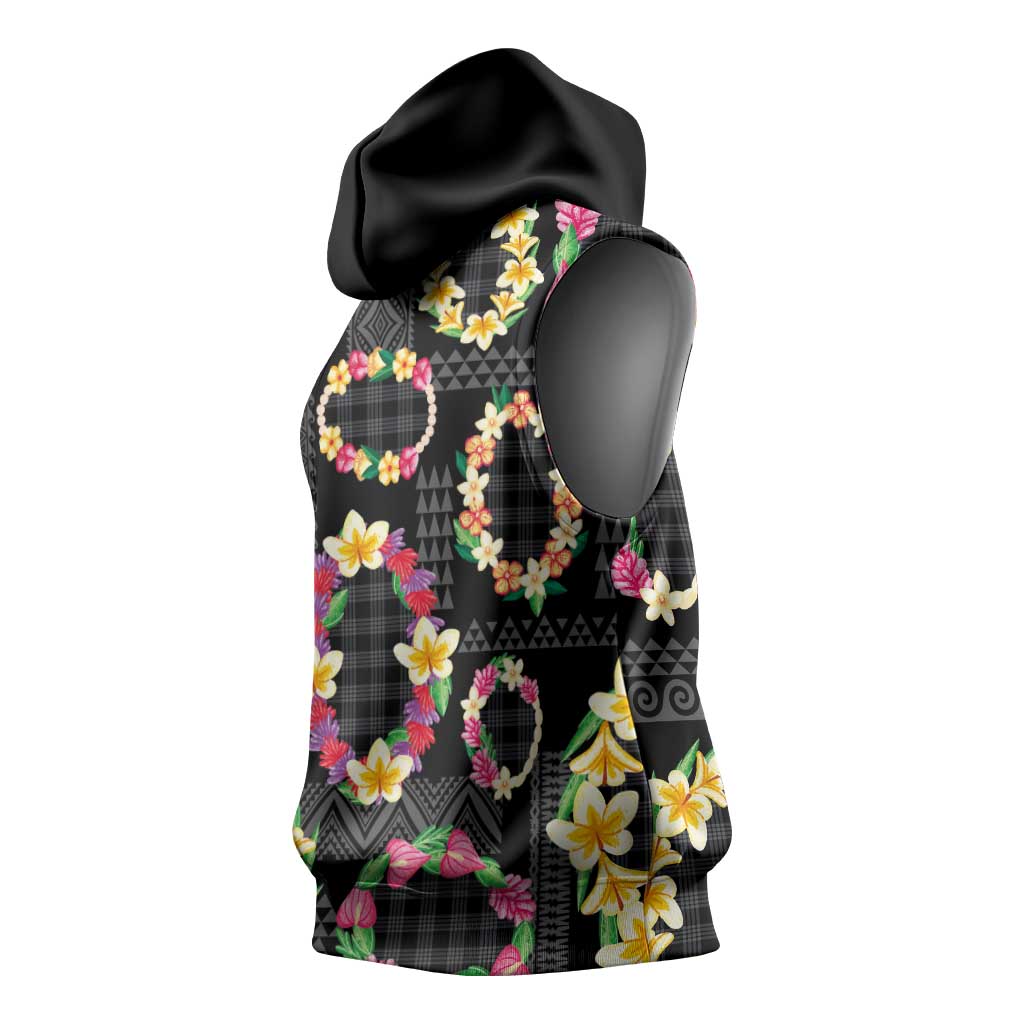 Hawaiian Kakau Tattoo Leis and Palaka Pattern Sleeveless Hoodie Traditional Aloha Tribal Black Color LT03 - Polynesian Pride