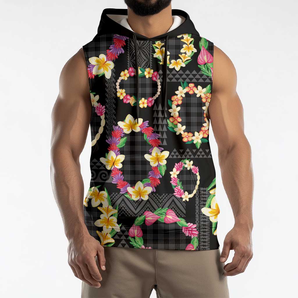 Hawaiian Kakau Tattoo Leis and Palaka Pattern Sleeveless Hoodie Traditional Aloha Tribal Black Color LT03 - Polynesian Pride