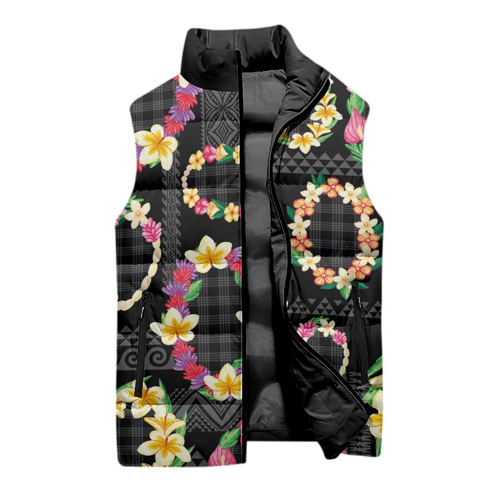 Hawaiian Kakau Tattoo Leis and Palaka Pattern Sleeveless Puffer Jacket Traditional Aloha Tribal Black Color