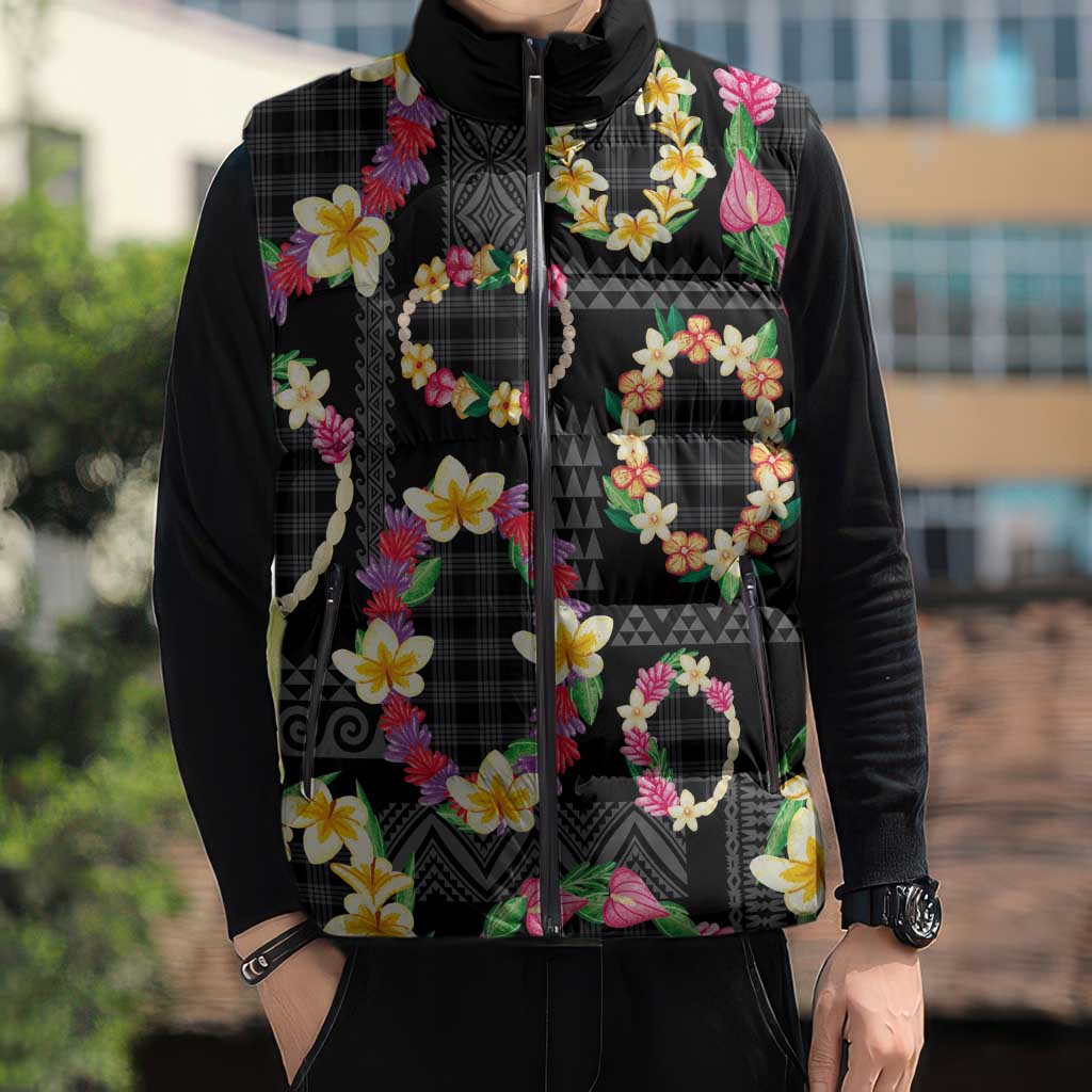 Hawaiian Kakau Tattoo Leis and Palaka Pattern Sleeveless Puffer Jacket Traditional Aloha Tribal Black Color