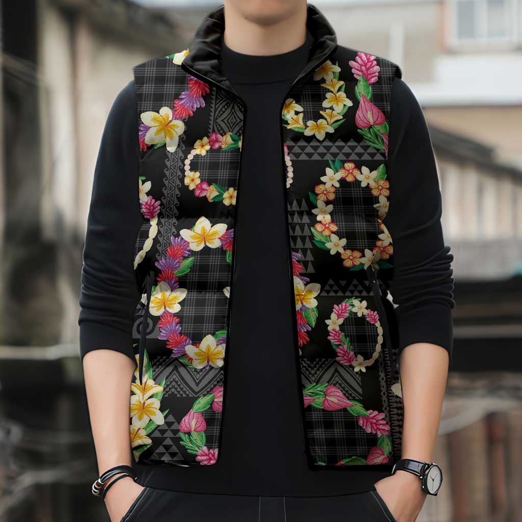 Hawaiian Kakau Tattoo Leis and Palaka Pattern Sleeveless Puffer Jacket Traditional Aloha Tribal Black Color