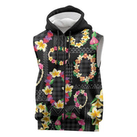 Hawaiian Kakau Tattoo Leis and Palaka Pattern Sleeveless Zip Hoodie Traditional Aloha Tribal Black Color LT03 Black - Polynesian Pride