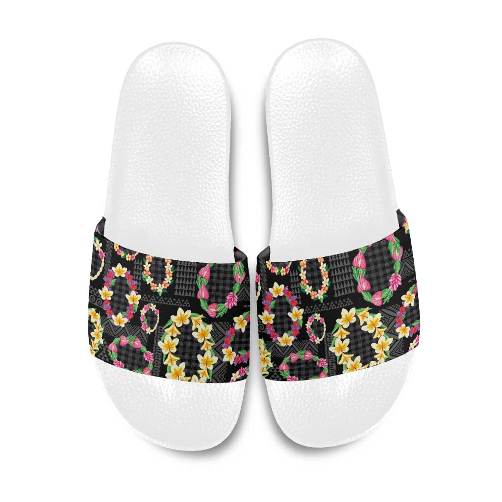 Hawaiian Kakau Tattoo Leis and Palaka Pattern Slide Sandals Traditional Aloha Tribal Black Color
