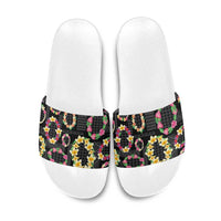 Hawaiian Kakau Tattoo Leis and Palaka Pattern Slide Sandals Traditional Aloha Tribal Black Color