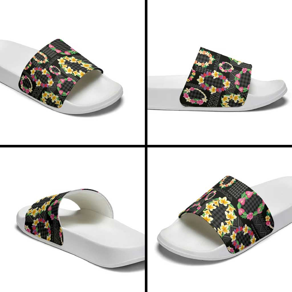Hawaiian Kakau Tattoo Leis and Palaka Pattern Slide Sandals Traditional Aloha Tribal Black Color
