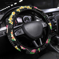 Hawaiian Kakau Tattoo Leis and Palaka Pattern Steering Wheel Cover Traditional Aloha Tribal Black Color LT03 Universal Fit Black - Polynesian Pride
