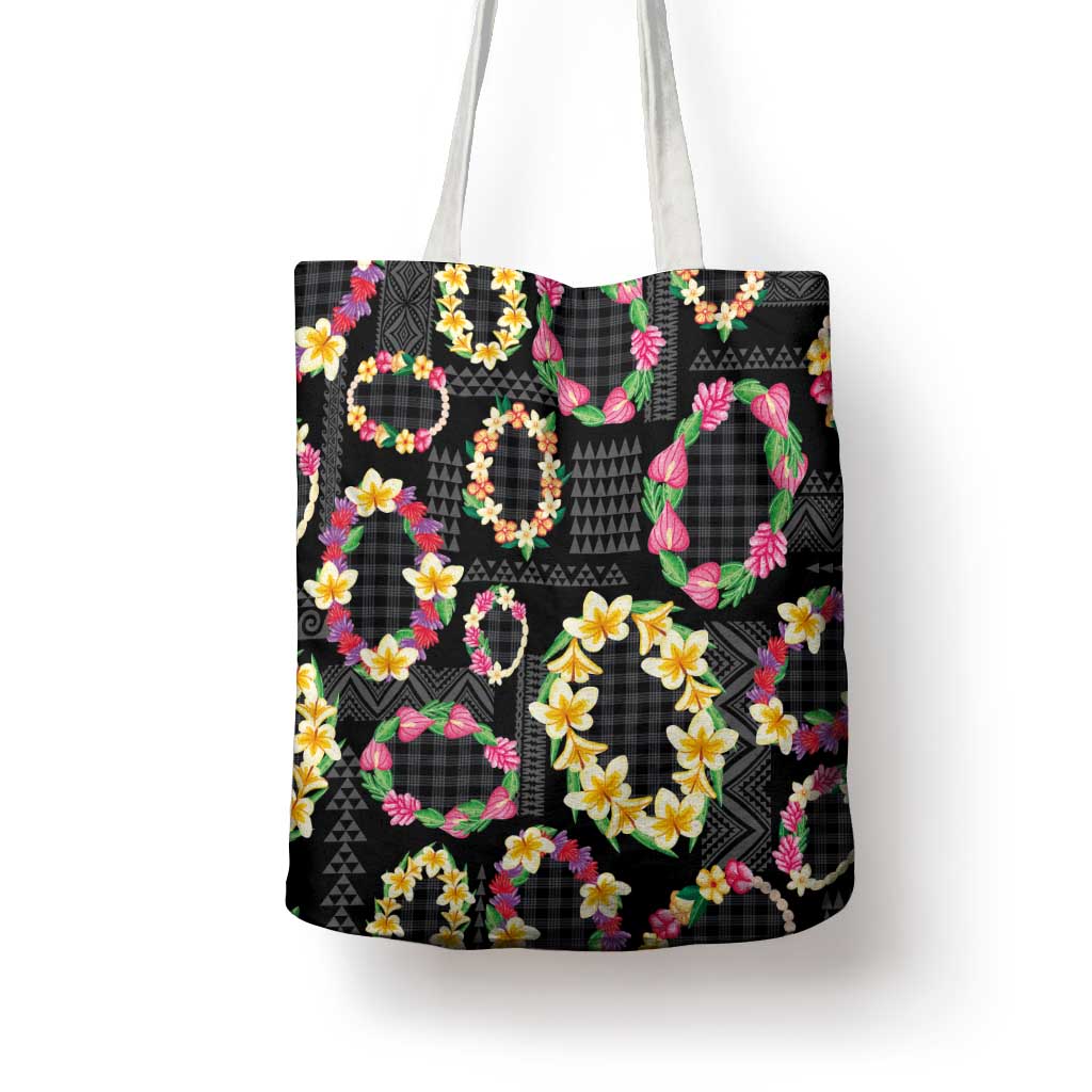 Hawaiian Kakau Tattoo Leis and Palaka Pattern Tote Bag Traditional Aloha Tribal Black Color