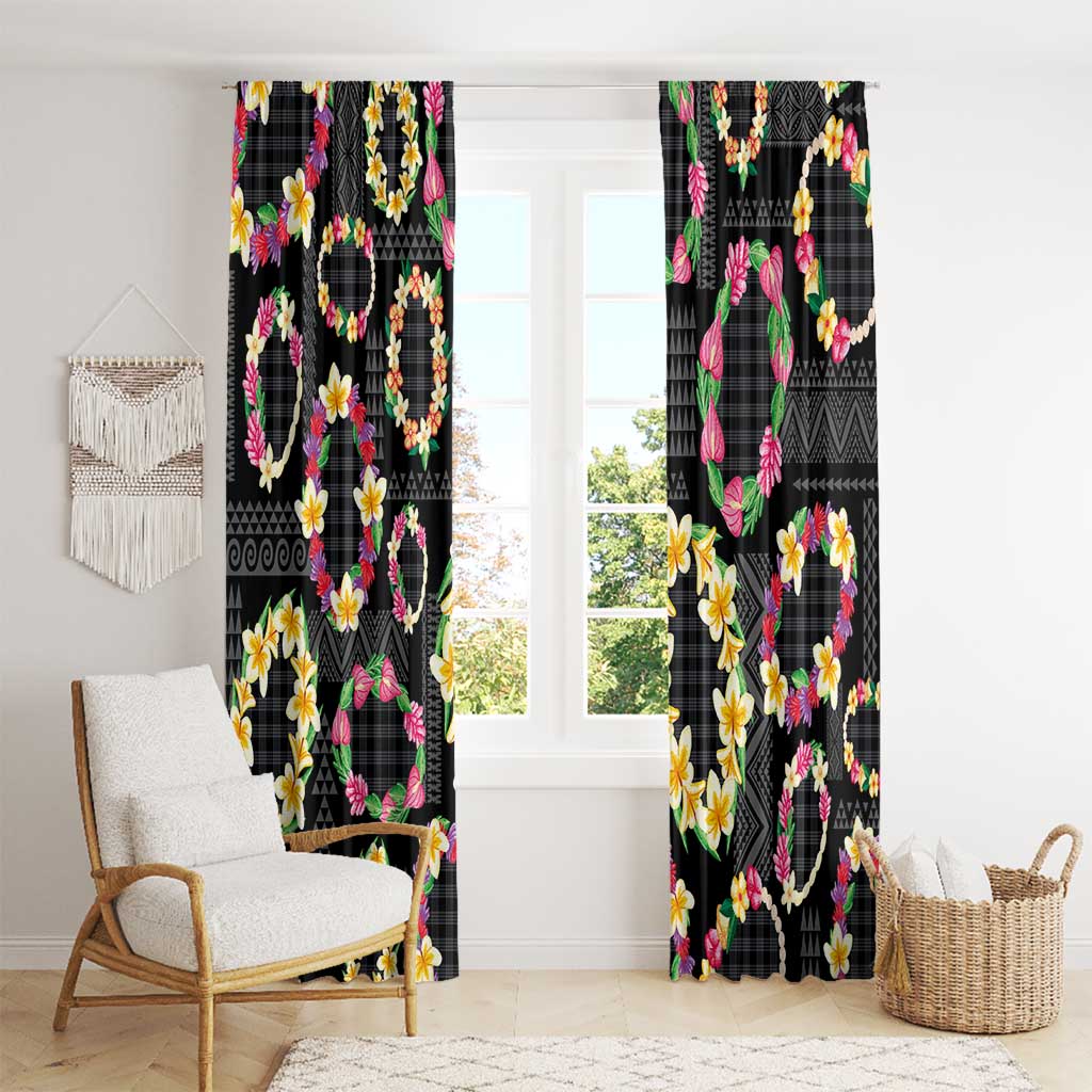 Hawaiian Kakau Tattoo Leis and Palaka Pattern Window Curtain Traditional Aloha Tribal Black Color