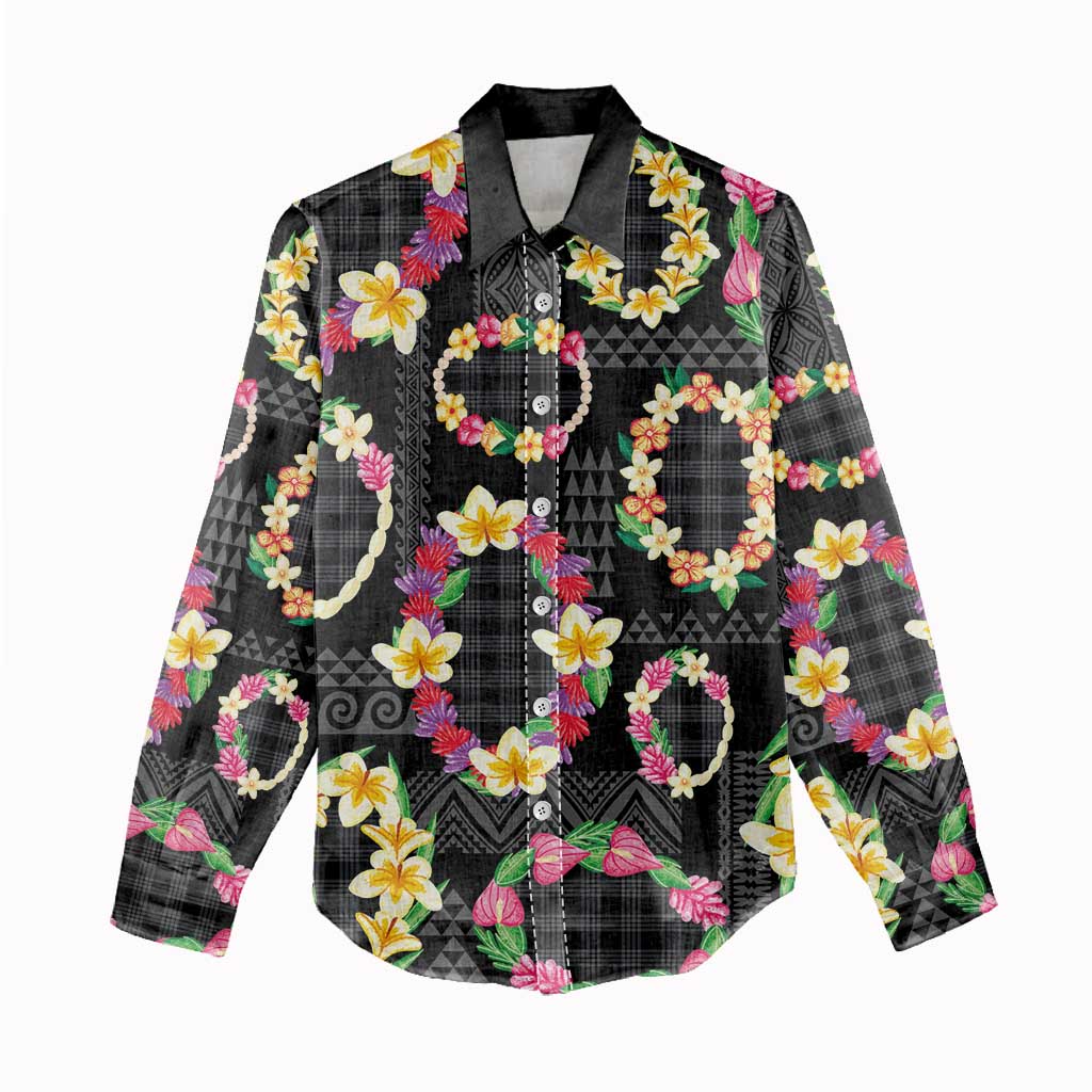 Hawaiian Kakau Tattoo Leis and Palaka Pattern Women Casual Shirt Traditional Aloha Tribal Black Color LT03 - Polynesian Pride