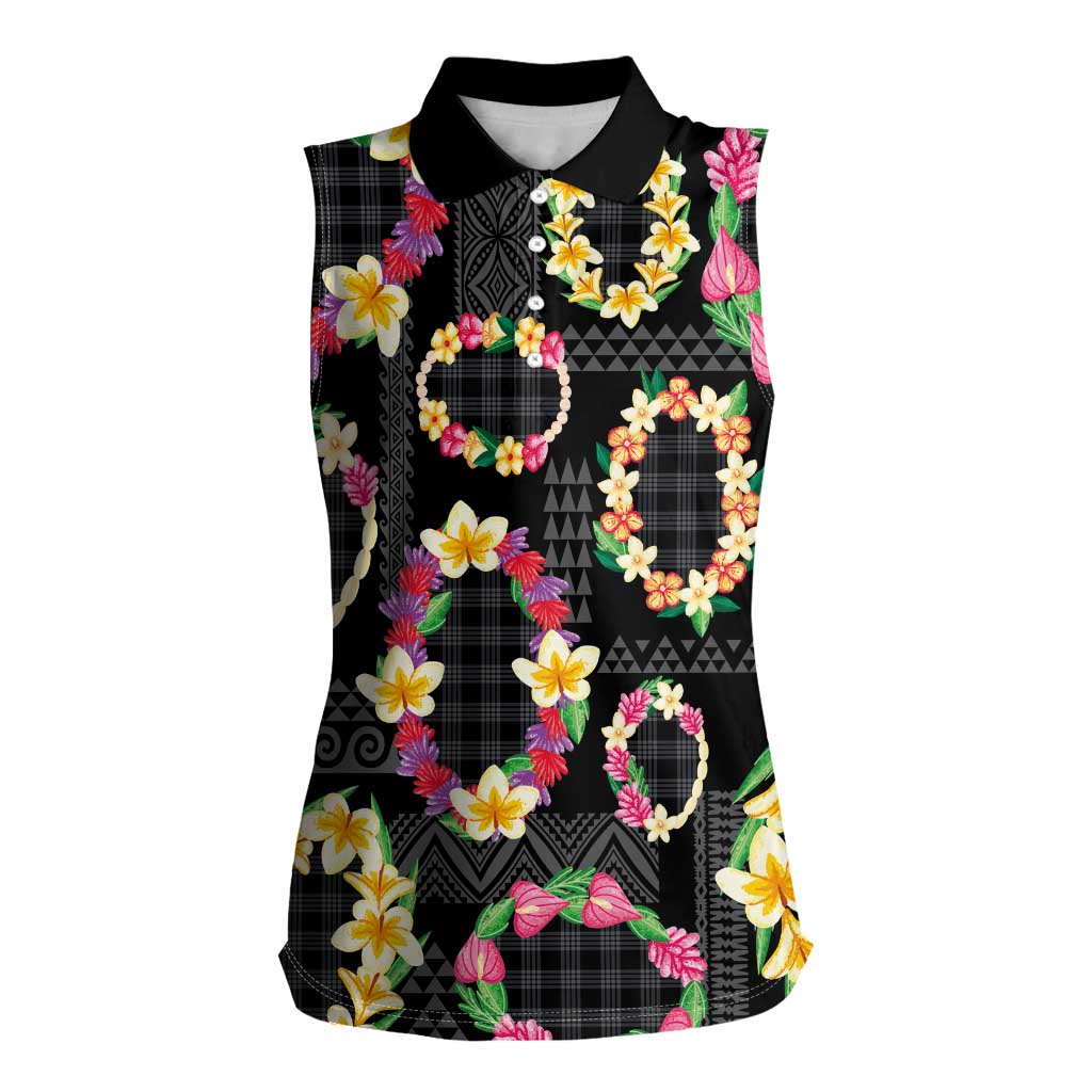 Hawaiian Kakau Tattoo Leis and Palaka Pattern Women Sleeveless Polo Shirt Traditional Aloha Tribal Black Color LT03 Female Black - Polynesian Pride