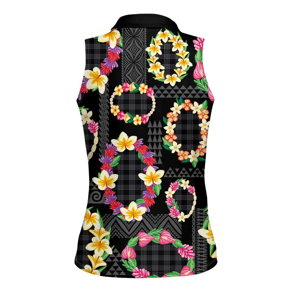 Hawaiian Kakau Tattoo Leis and Palaka Pattern Women Sleeveless Polo Shirt Traditional Aloha Tribal Black Color LT03 - Polynesian Pride