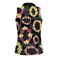 Hawaiian Kakau Tattoo Leis and Palaka Pattern Women Sleeveless Polo Shirt Traditional Aloha Tribal Black Color LT03 - Polynesian Pride