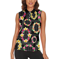Hawaiian Kakau Tattoo Leis and Palaka Pattern Women Sleeveless Polo Shirt Traditional Aloha Tribal Black Color LT03 - Polynesian Pride
