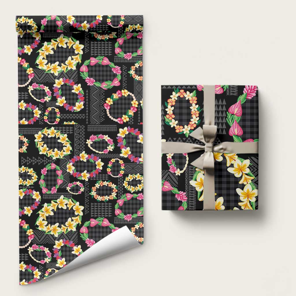 Hawaiian Kakau Tattoo Leis and Palaka Pattern Wrapping Paper Traditional Aloha Tribal Black Color
