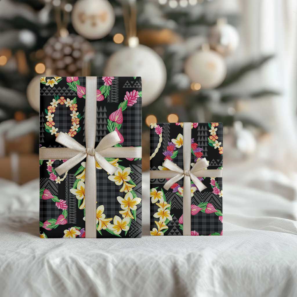 Hawaiian Kakau Tattoo Leis and Palaka Pattern Wrapping Paper Traditional Aloha Tribal Black Color