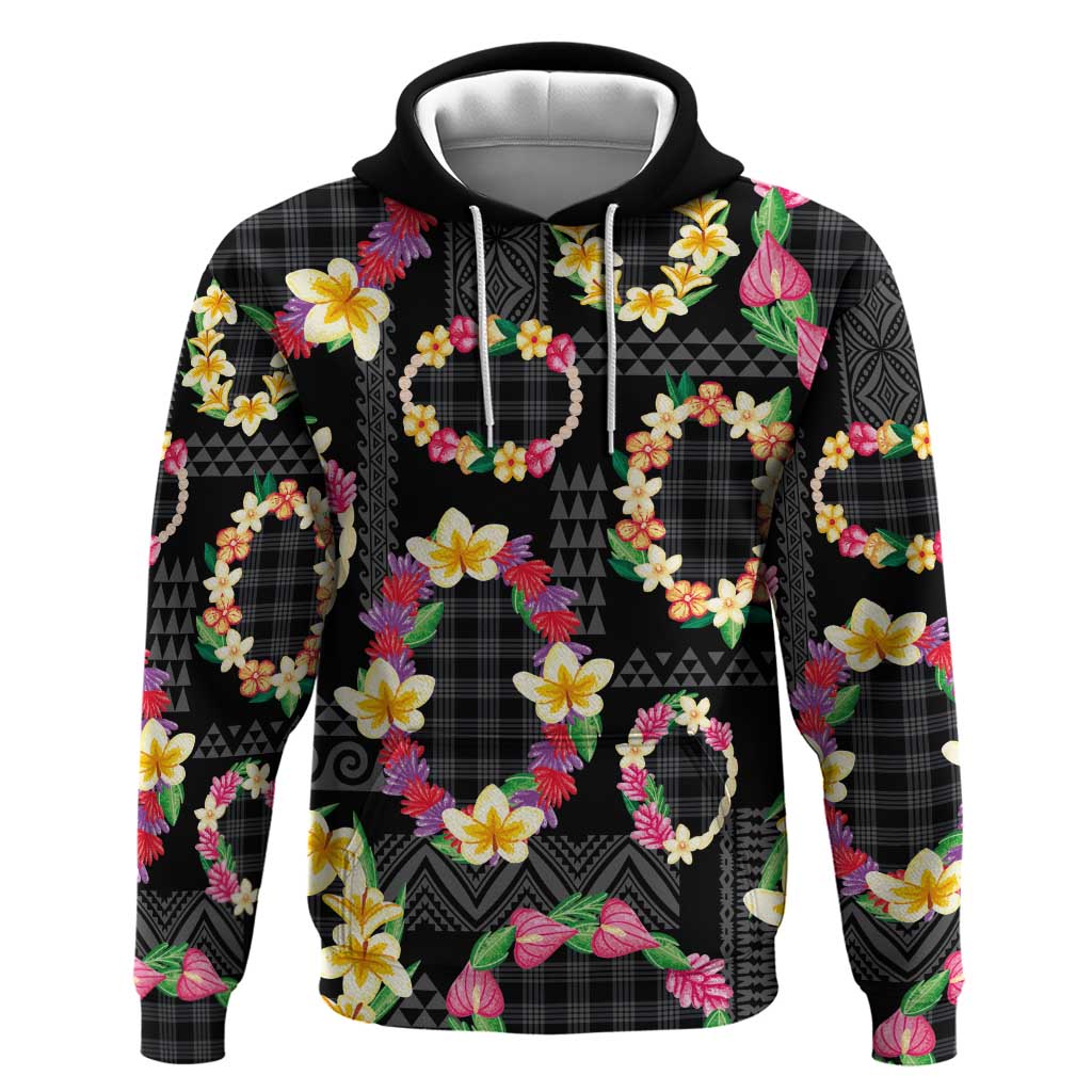 Hawaiian Kakau Tattoo Leis and Palaka Pattern Zip Hoodie Traditional Aloha Tribal Black Color LT03 Pullover Hoodie Black - Polynesian Pride