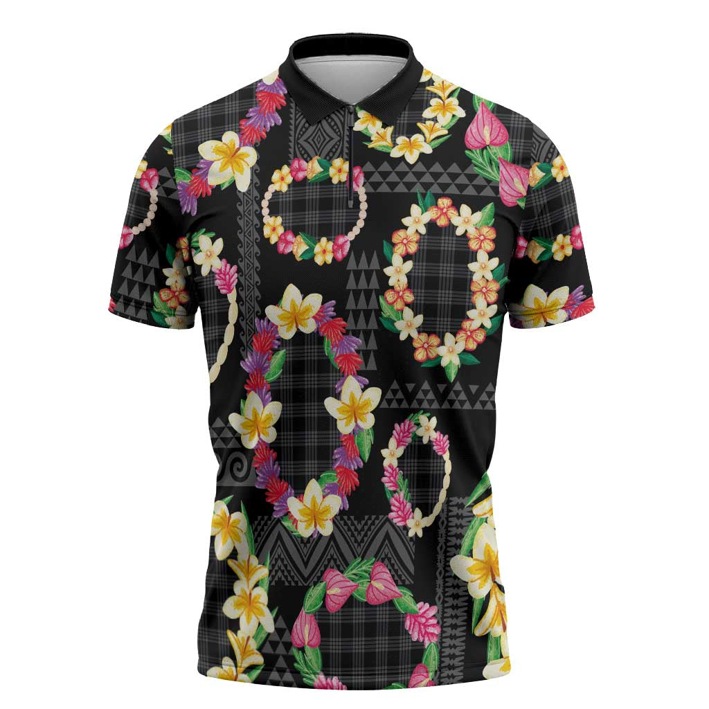 Hawaiian Kakau Tattoo Leis and Palaka Pattern Zipper Polo Shirt Traditional Aloha Tribal Black Color LT03 Black - Polynesian Pride