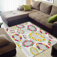 Hawaiian Kakau Tattoo Leis and Palaka Pattern Area Rug Traditional Aloha Tribal White Color