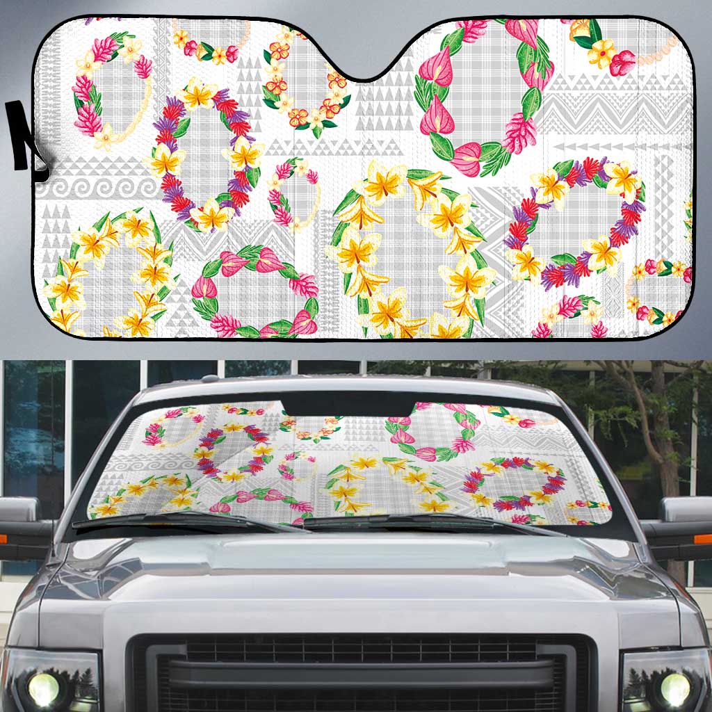 Hawaiian Kakau Tattoo Leis and Palaka Pattern Auto Sun Shade Traditional Aloha Tribal White Color