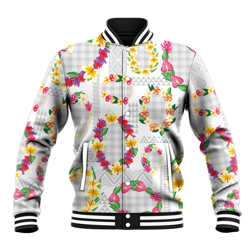 Hawaiian Kakau Tattoo Leis and Palaka Pattern Baseball Jacket Traditional Aloha Tribal White Color
