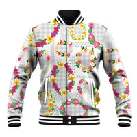 Hawaiian Kakau Tattoo Leis and Palaka Pattern Baseball Jacket Traditional Aloha Tribal White Color