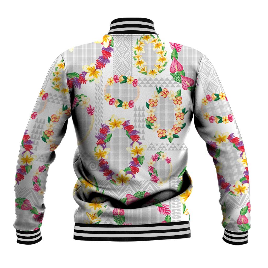 Hawaiian Kakau Tattoo Leis and Palaka Pattern Baseball Jacket Traditional Aloha Tribal White Color