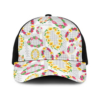 Hawaiian Kakau Tattoo Leis and Palaka Pattern Baseball Net Cap Traditional Aloha Tribal White Color