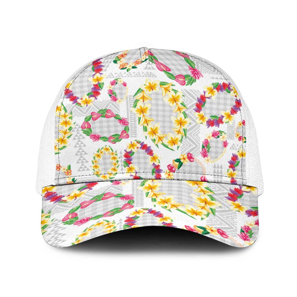 Hawaiian Kakau Tattoo Leis and Palaka Pattern Baseball Net Cap Traditional Aloha Tribal White Color