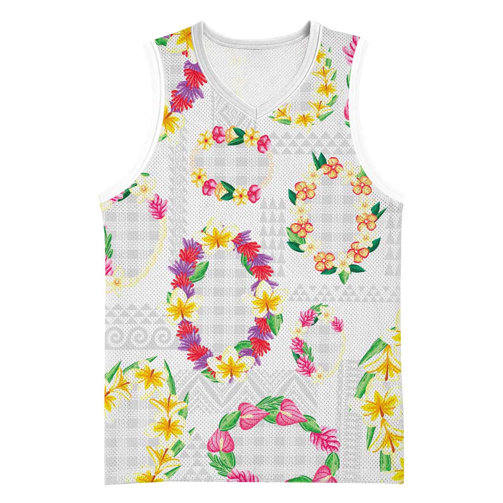 Hawaiian Kakau Tattoo Leis and Palaka Pattern Basketball Jersey Traditional Aloha Tribal White Color LT03 Unisex White - Polynesian Pride