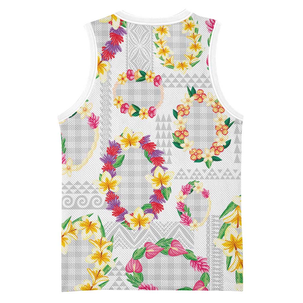 Hawaiian Kakau Tattoo Leis and Palaka Pattern Basketball Jersey Traditional Aloha Tribal White Color LT03 - Polynesian Pride