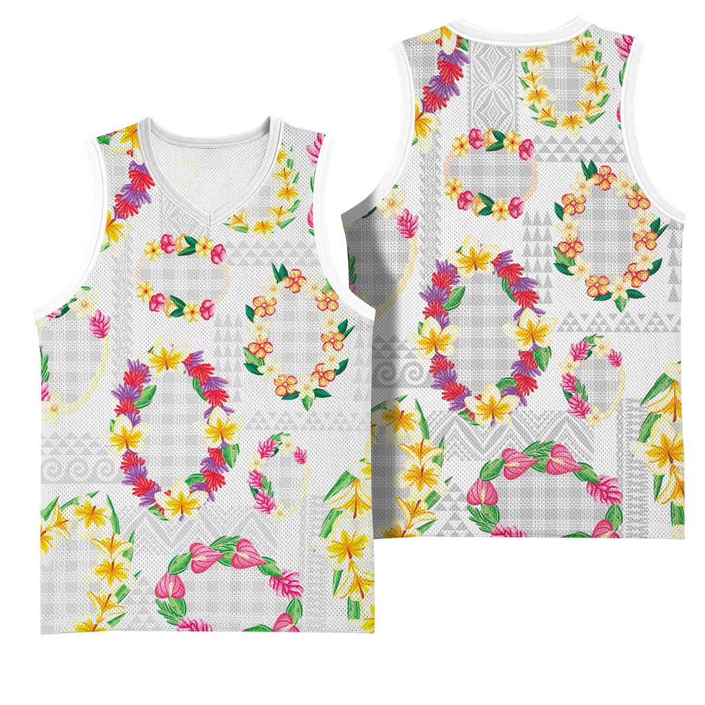 Hawaiian Kakau Tattoo Leis and Palaka Pattern Basketball Jersey Traditional Aloha Tribal White Color LT03 - Polynesian Pride
