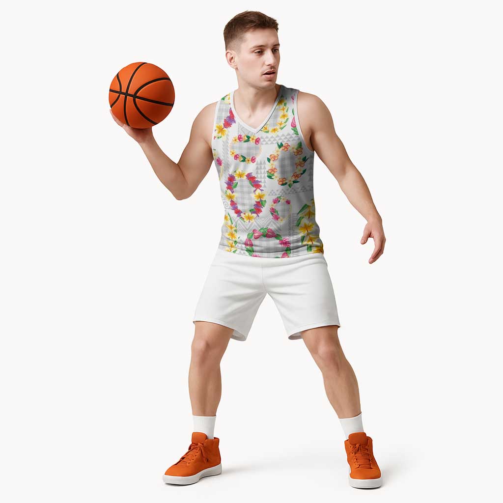 Hawaiian Kakau Tattoo Leis and Palaka Pattern Basketball Jersey Traditional Aloha Tribal White Color LT03 - Polynesian Pride
