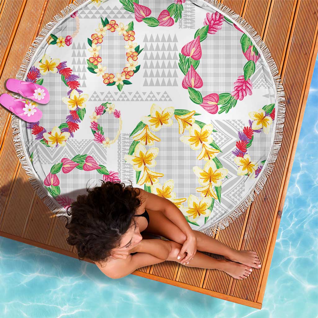 Hawaiian Kakau Tattoo Leis and Palaka Pattern Beach Blanket Traditional Aloha Tribal White Color