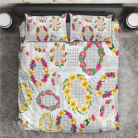 Hawaiian Kakau Tattoo Leis and Palaka Pattern Bedding Set Traditional Aloha Tribal White Color
