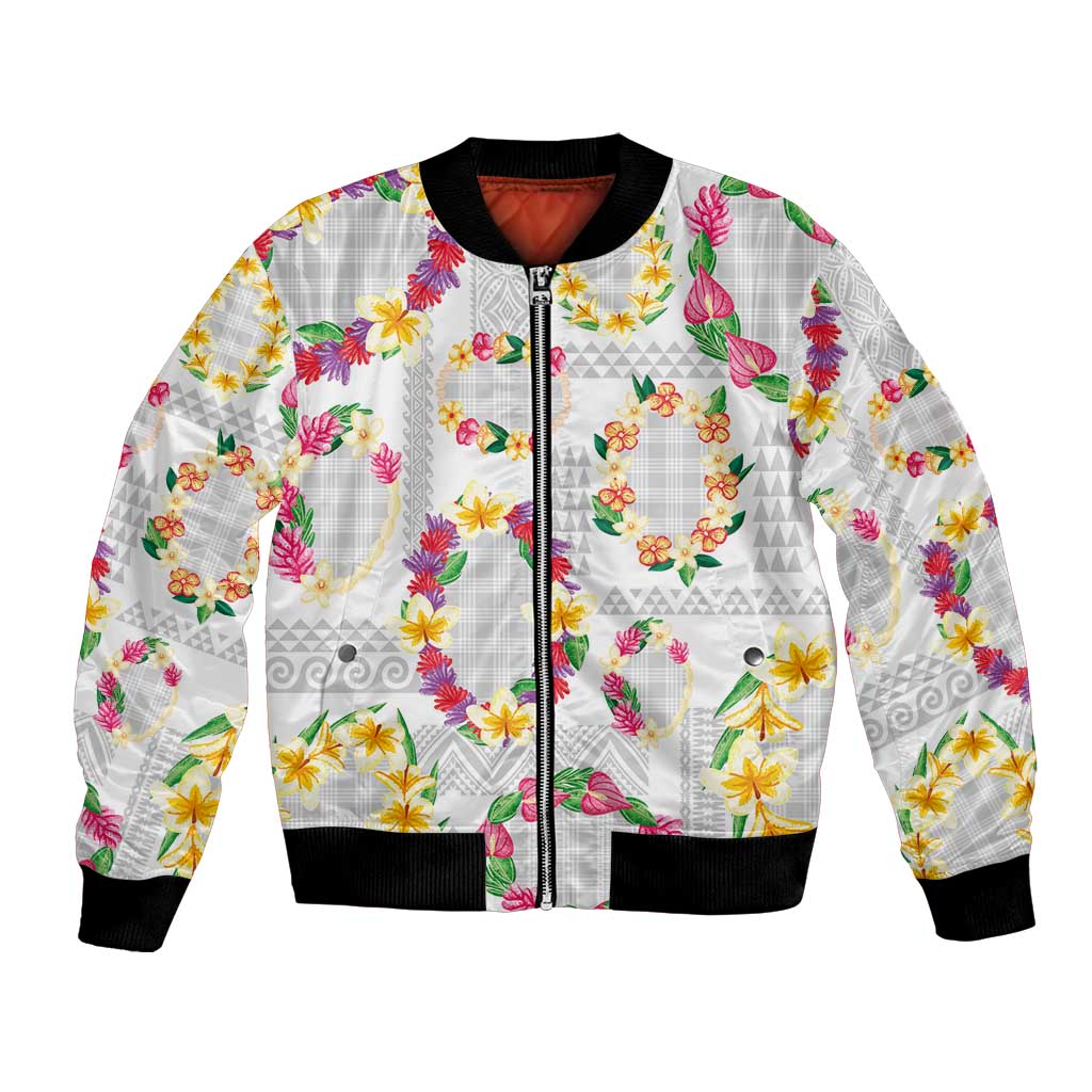 Hawaiian Kakau Tattoo Leis and Palaka Pattern Bomber Jacket Traditional Aloha Tribal White Color LT03 Unisex White - Polynesian Pride