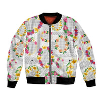 Hawaiian Kakau Tattoo Leis and Palaka Pattern Bomber Jacket Traditional Aloha Tribal White Color LT03 Unisex White - Polynesian Pride