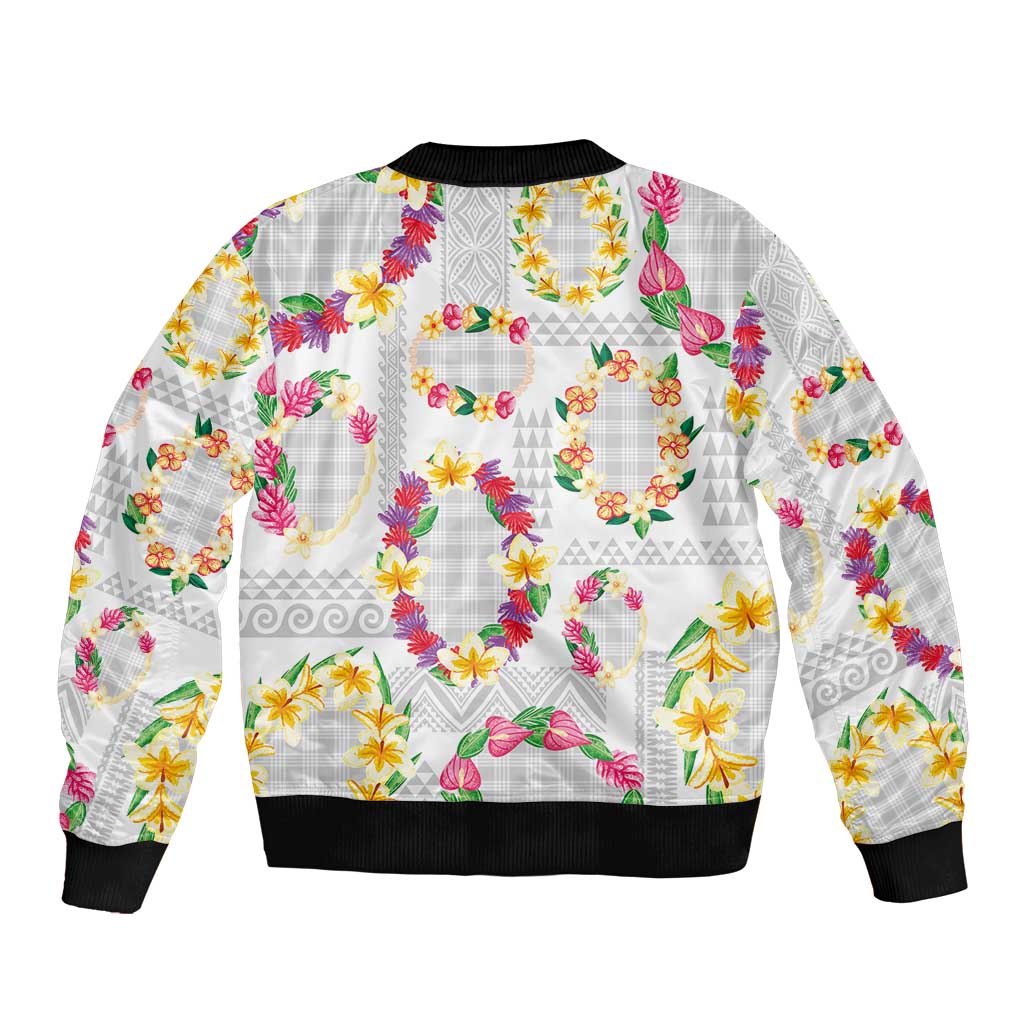 Hawaiian Kakau Tattoo Leis and Palaka Pattern Bomber Jacket Traditional Aloha Tribal White Color LT03 - Polynesian Pride