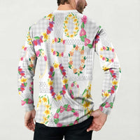 Hawaiian Kakau Tattoo Leis and Palaka Pattern Button Sweatshirt Traditional Aloha Tribal White Color