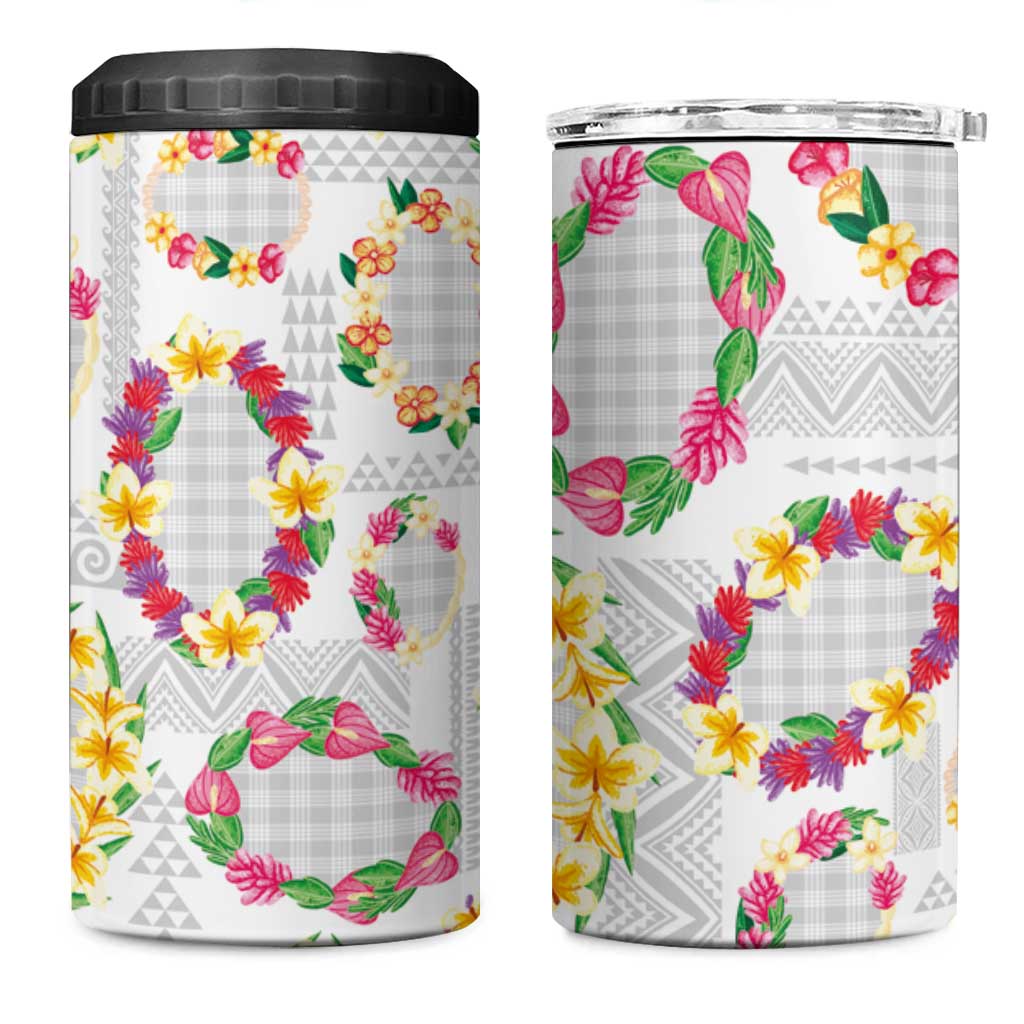 Hawaiian Kakau Tattoo Leis and Palaka Pattern 4 in 1 Can Cooler Tumbler Traditional Aloha Tribal White Color LT03 One Size: 16 oz White - Polynesian Pride