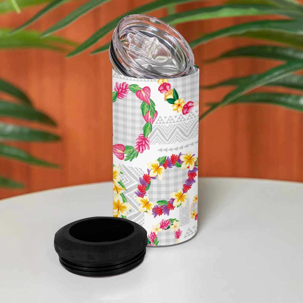 Hawaiian Kakau Tattoo Leis and Palaka Pattern 4 in 1 Can Cooler Tumbler Traditional Aloha Tribal White Color LT03 - Polynesian Pride