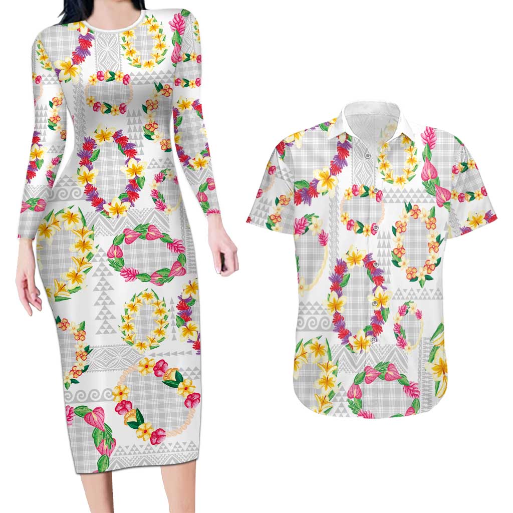 Hawaiian Kakau Tattoo Leis and Palaka Pattern Couples Matching Long Sleeve Bodycon Dress and Hawaiian Shirt Traditional Aloha Tribal White Color LT03 White - Polynesian Pride