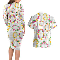 Hawaiian Kakau Tattoo Leis and Palaka Pattern Couples Matching Long Sleeve Bodycon Dress and Hawaiian Shirt Traditional Aloha Tribal White Color LT03 - Polynesian Pride