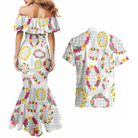 Hawaiian Kakau Tattoo Leis and Palaka Pattern Couples Matching Mermaid Dress and Hawaiian Shirt Traditional Aloha Tribal White Color LT03 - Polynesian Pride