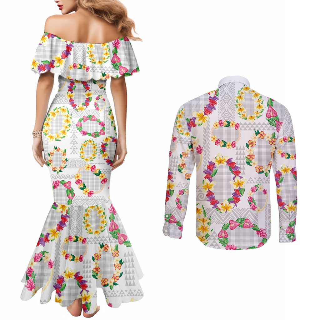 Hawaiian Kakau Tattoo Leis and Palaka Pattern Couples Matching Mermaid Dress and Long Sleeve Button Shirt Traditional Aloha Tribal White Color LT03 - Polynesian Pride