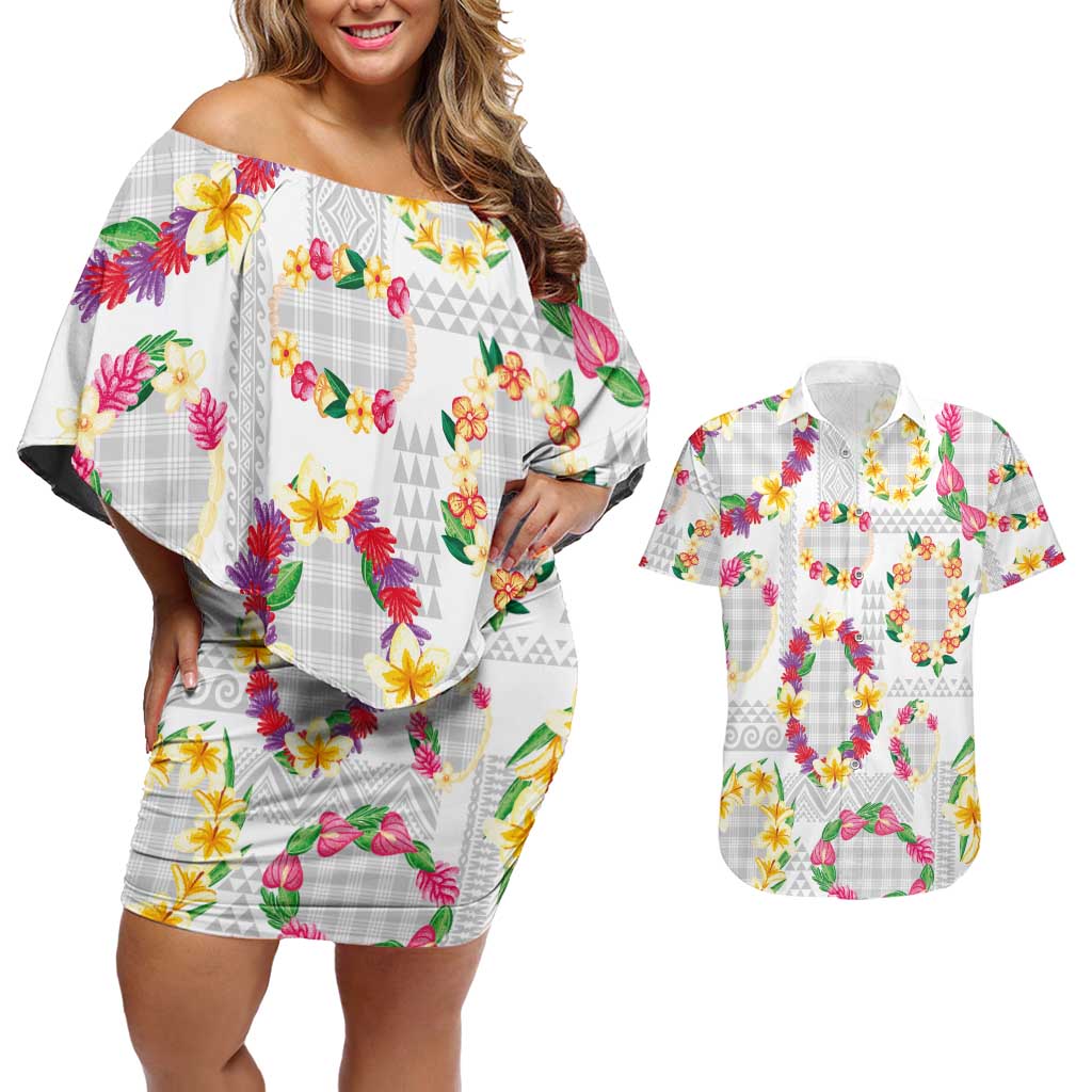 Hawaiian Kakau Tattoo Leis and Palaka Pattern Couples Matching Off Shoulder Short Dress and Hawaiian Shirt Traditional Aloha Tribal White Color LT03 White - Polynesian Pride